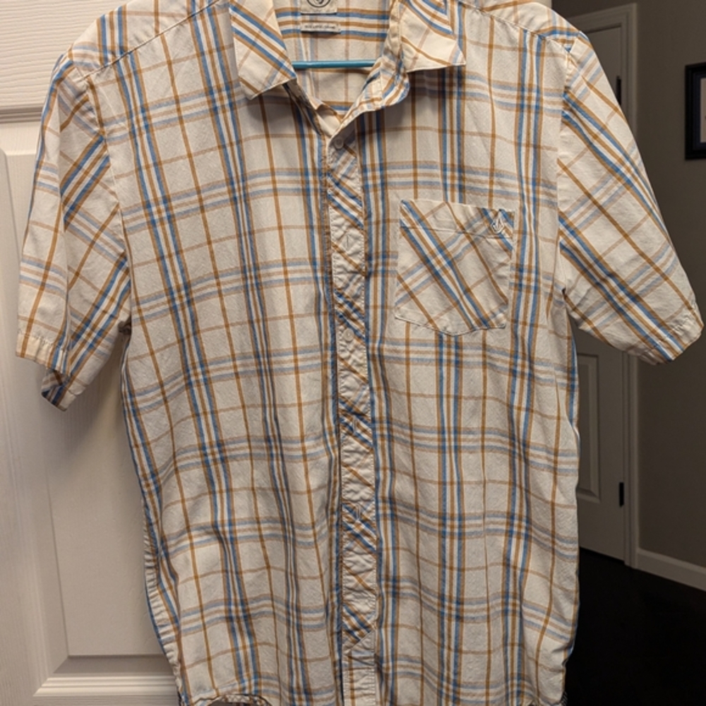 Volcom Men's Tan And Blue Casual Button Down Shirt